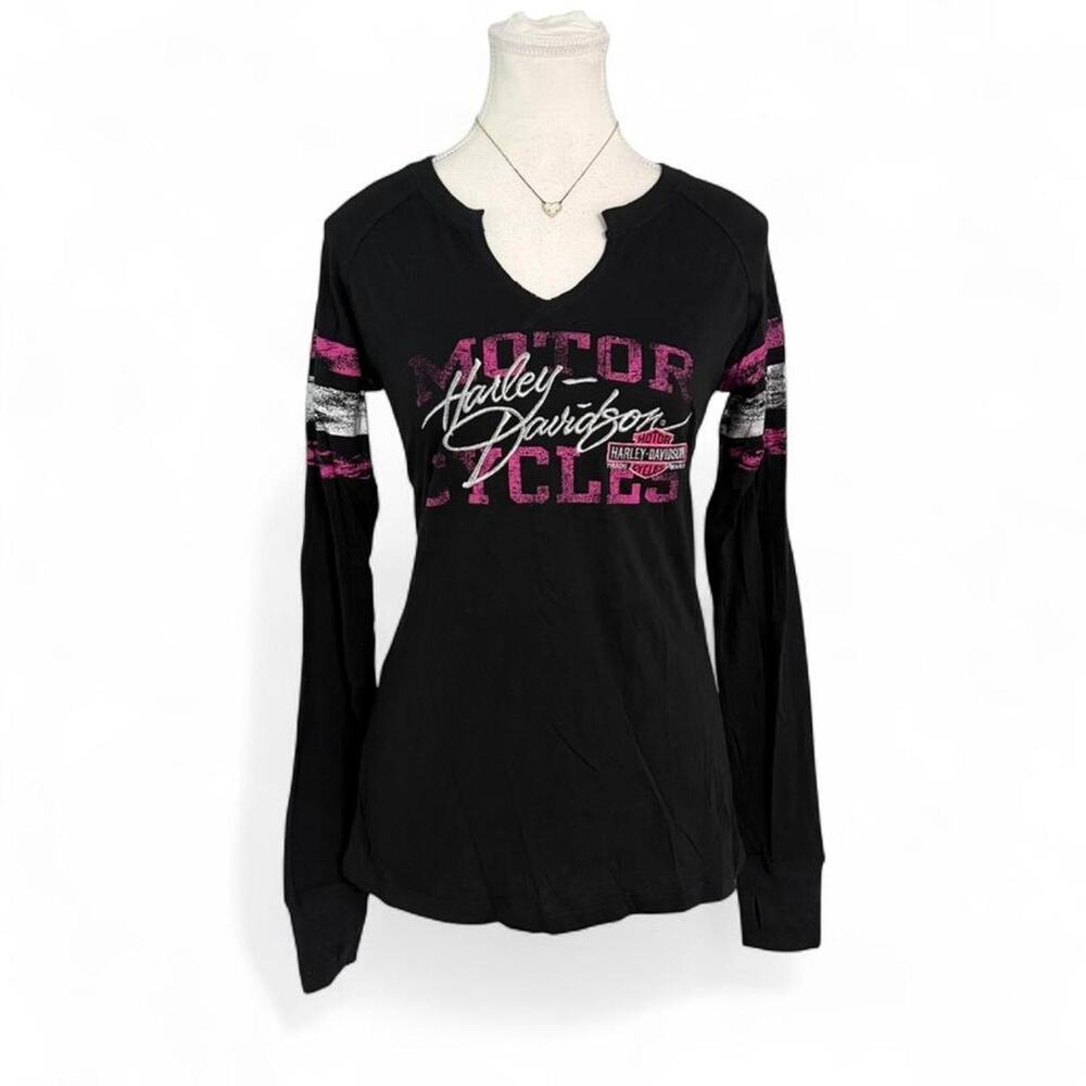 Harley Davidson Y2K Pink Black 2000s black long sleeve shirt pink accent Size M